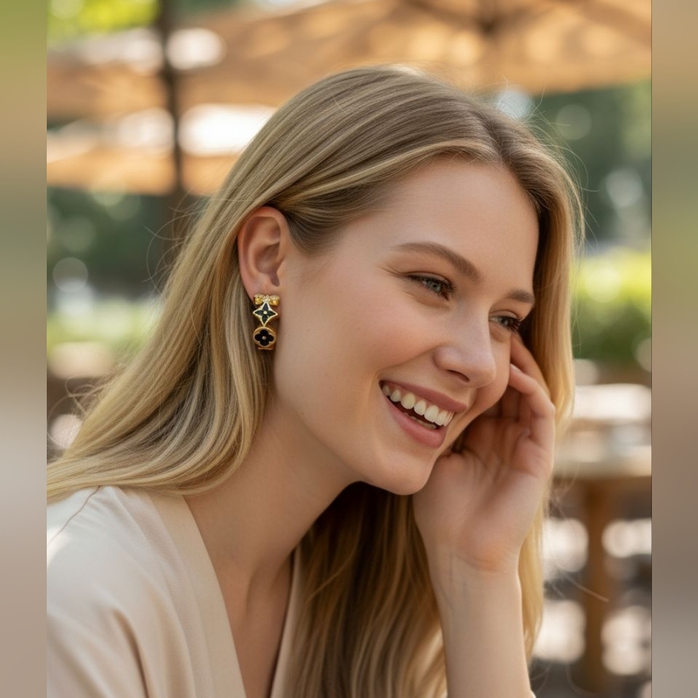 Luxury 18k Gold Plated Clover Flower Blossom Zircon Crystal Onyx Hoops Earrings - Picture 6 of 6